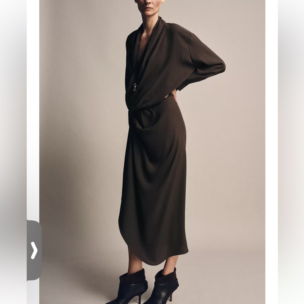 Zara Dark Brown Wrap-Style Midi Dress